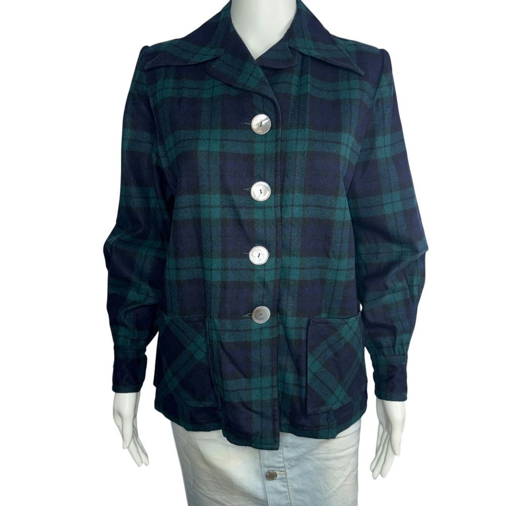 Pendleton 49er Jacket‎ Vintage 100% Virgin Wool Black Watch Plaid Green Blue M